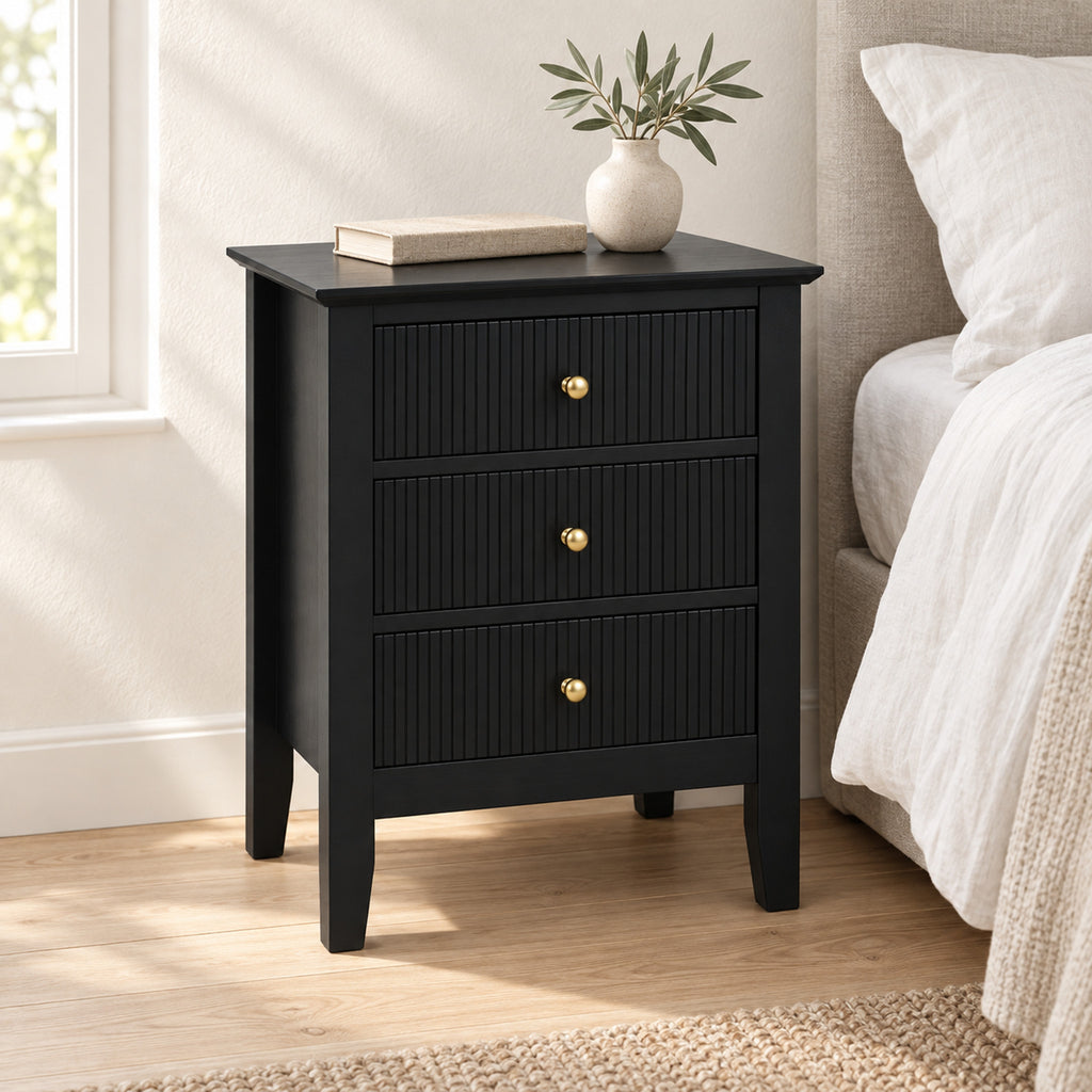 3 Drawer Bedside Table – Black Finish with Swap-In Gold Knobs - in room