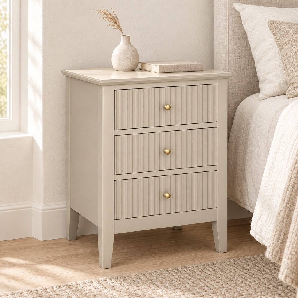 3 Drawer Bedside Table – Taupe Fluted Finish, Bedroom Storage - in room