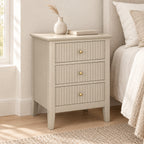 3 Drawer Bedside Table – Taupe Fluted Finish, Bedroom Storage - in room