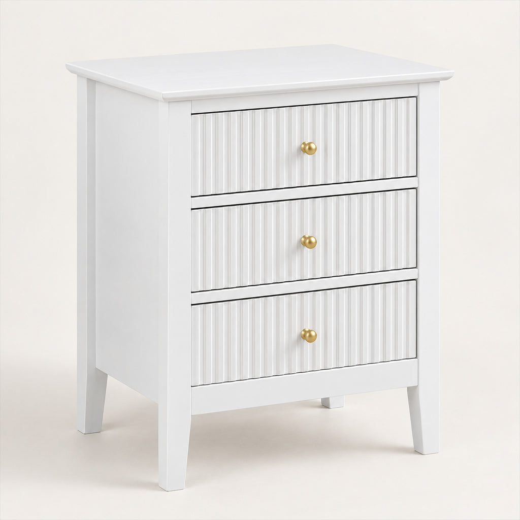 3 Drawer Bedside Table – White Fluted Finish, Bedroom Storage