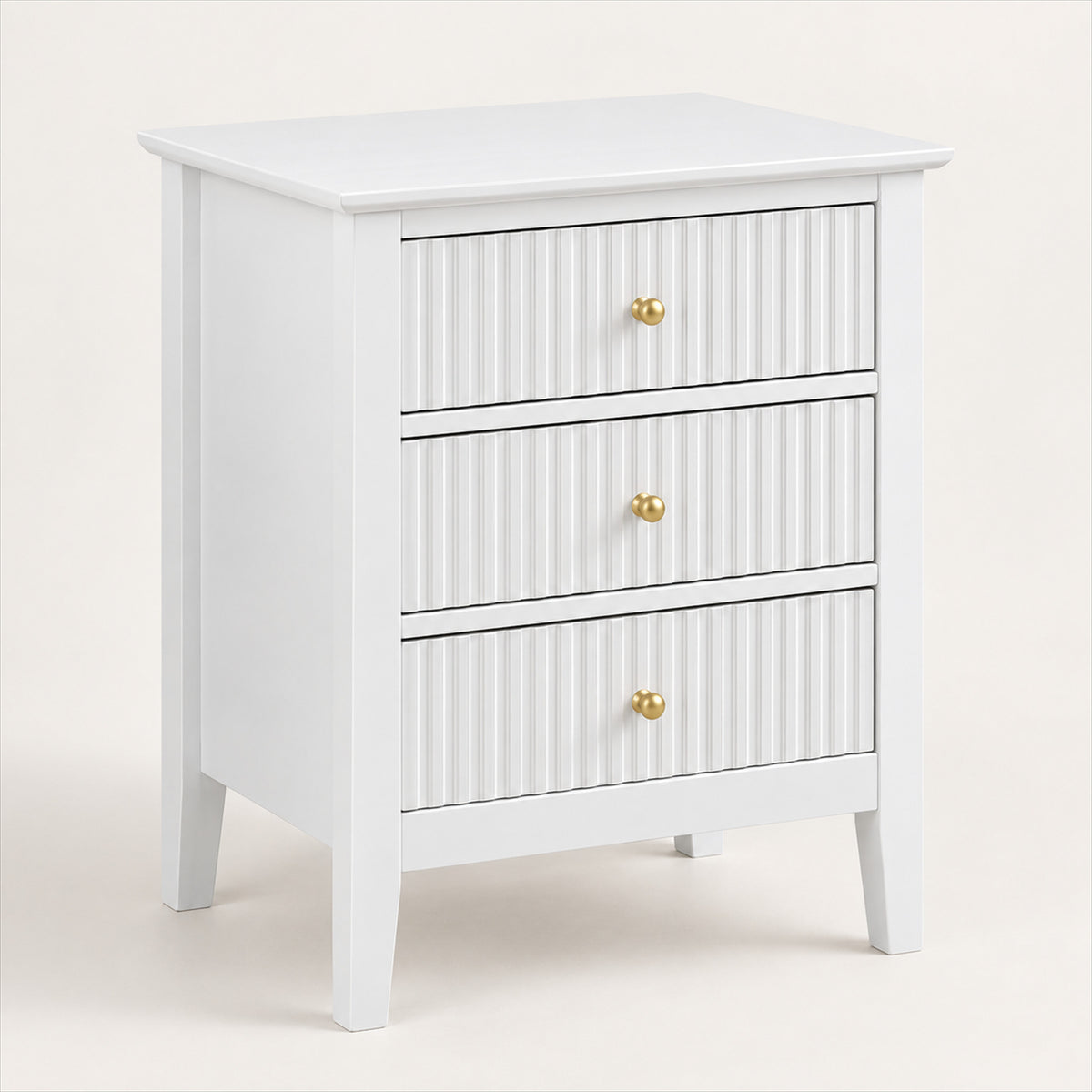 3 Drawer Bedside Table – White Fluted Finish, Bedroom Storage