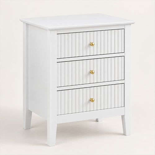 3 Drawer Bedside Table – White Fluted Finish, Bedroom Storage