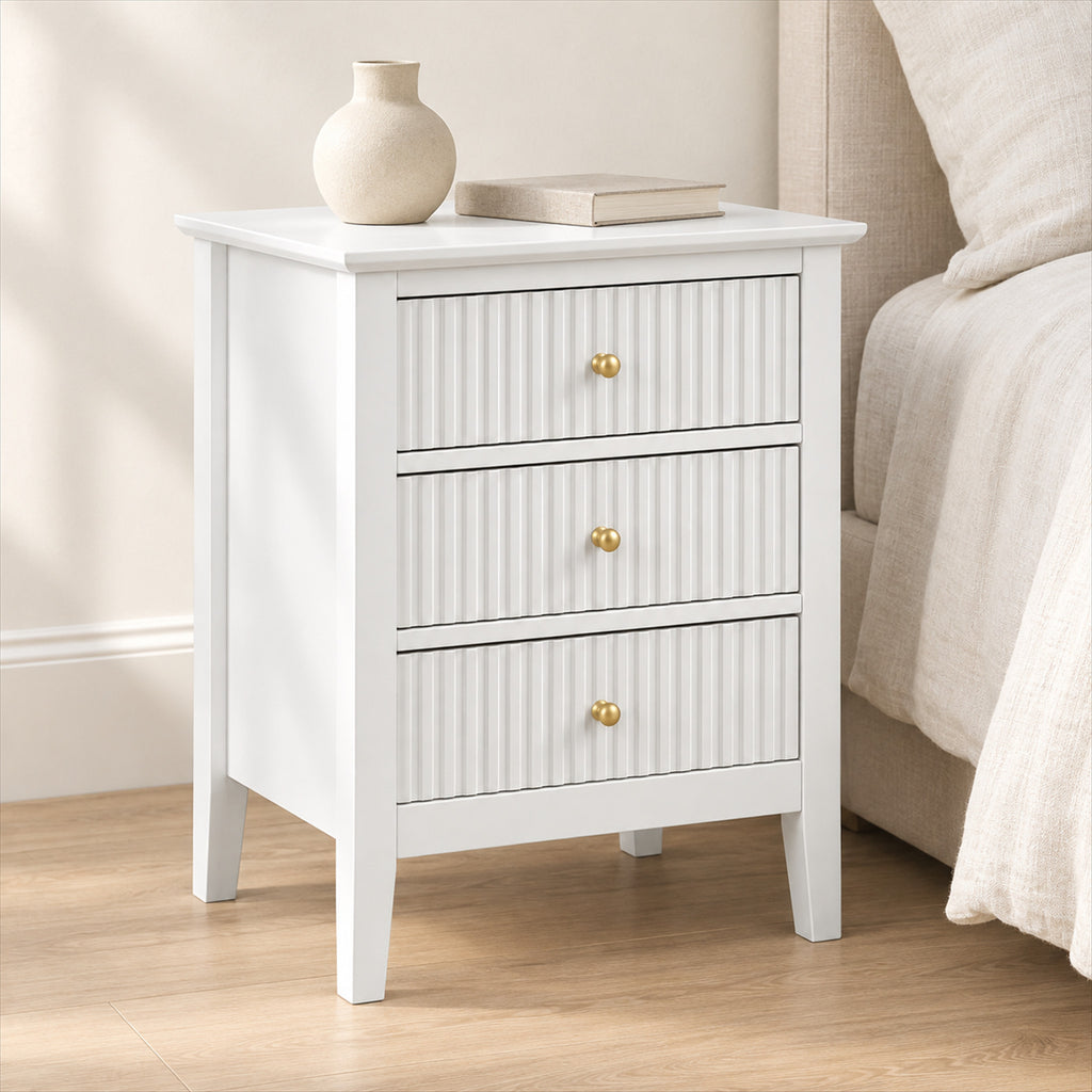 3 Drawer Bedside Table – White Fluted Finish, Bedroom Storage - in room