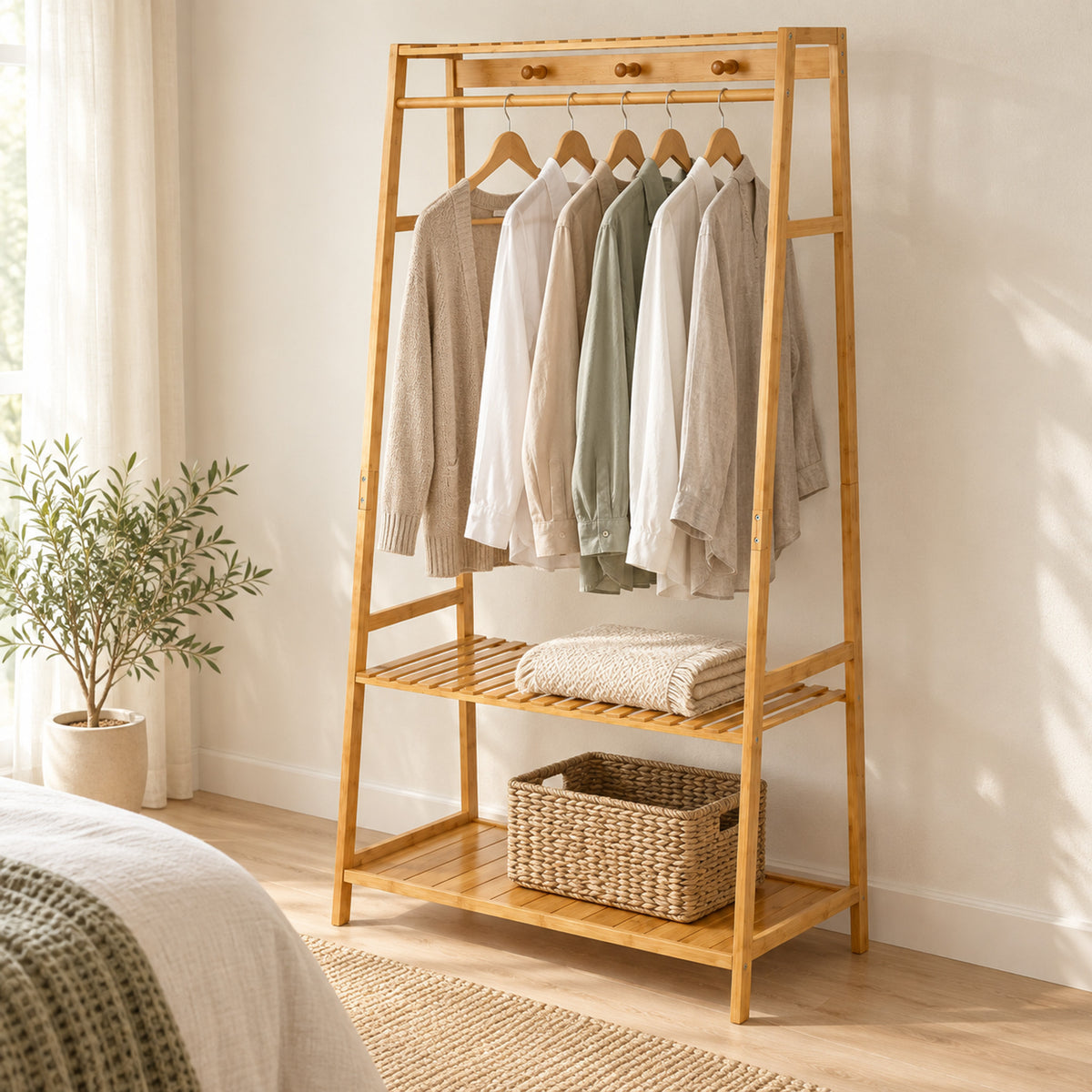 Bamboo Garment Rack Organizer, 220lbs Capacity, Entryway Storage - in room