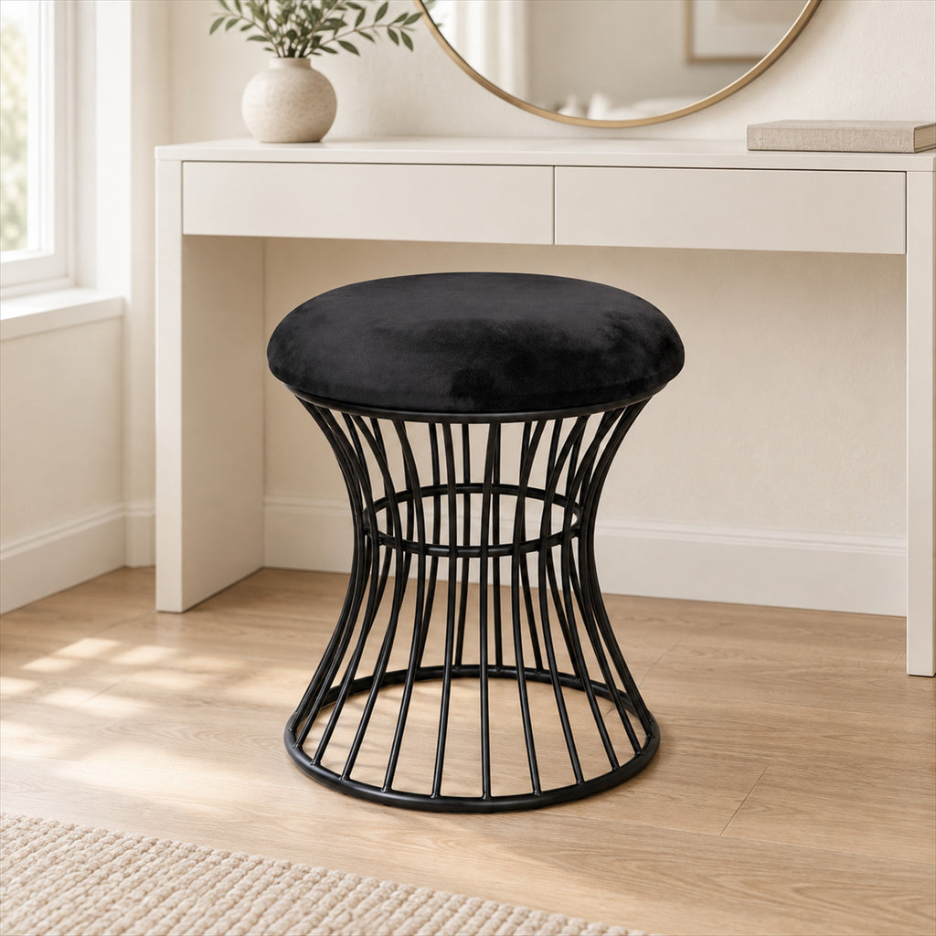 Black Velvet Vanity Stool – Spiral Metal Legs, Bedroom Vanity Seat - in room