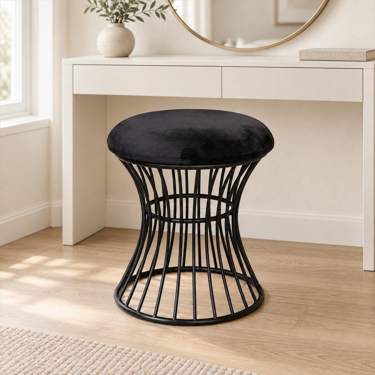 Black Velvet Vanity Stool – Spiral Metal Legs, Bedroom Vanity Seat - in room