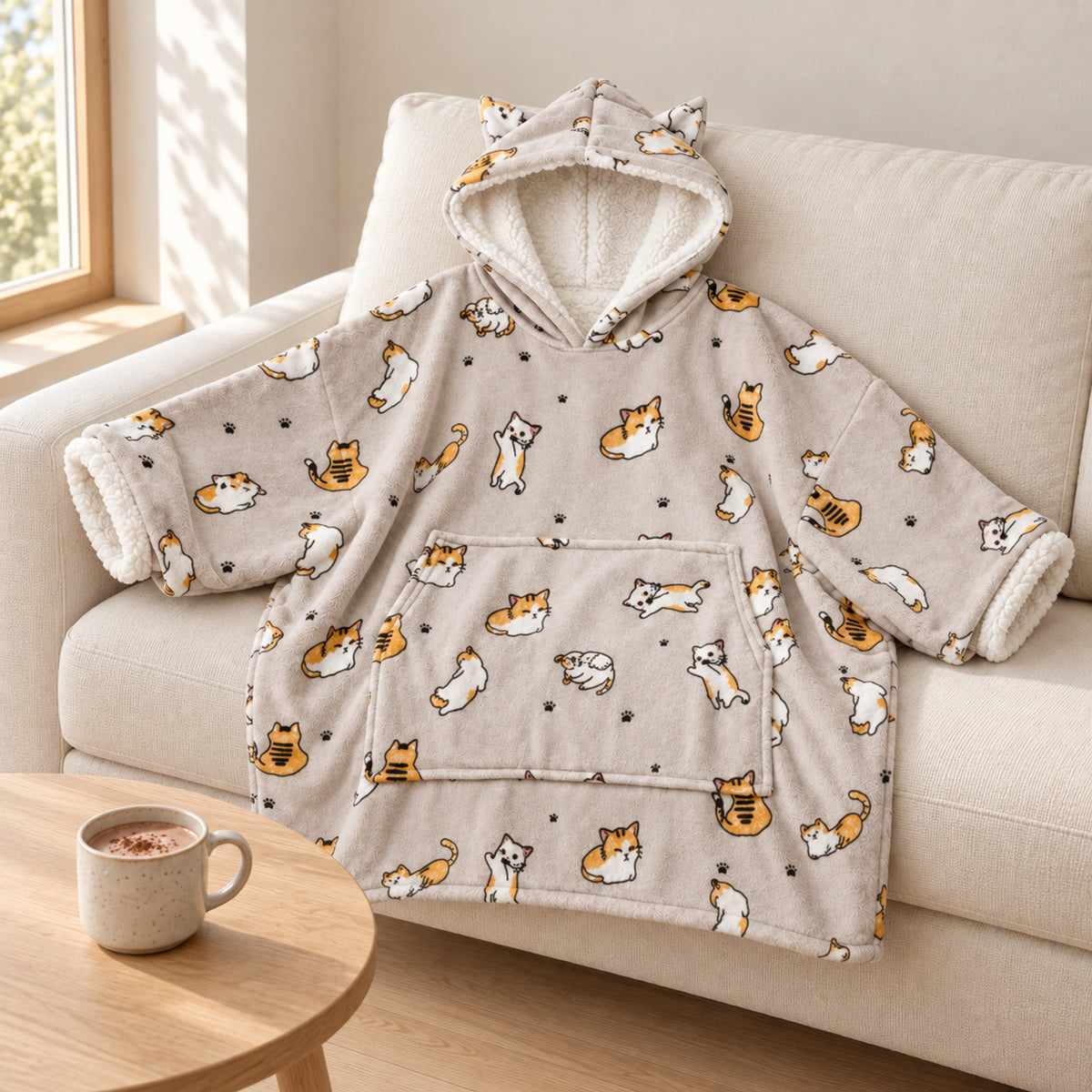 Cat Hooded Blanket – Plush Cat-Ear Hood, Cozy Wearable Cape - in room