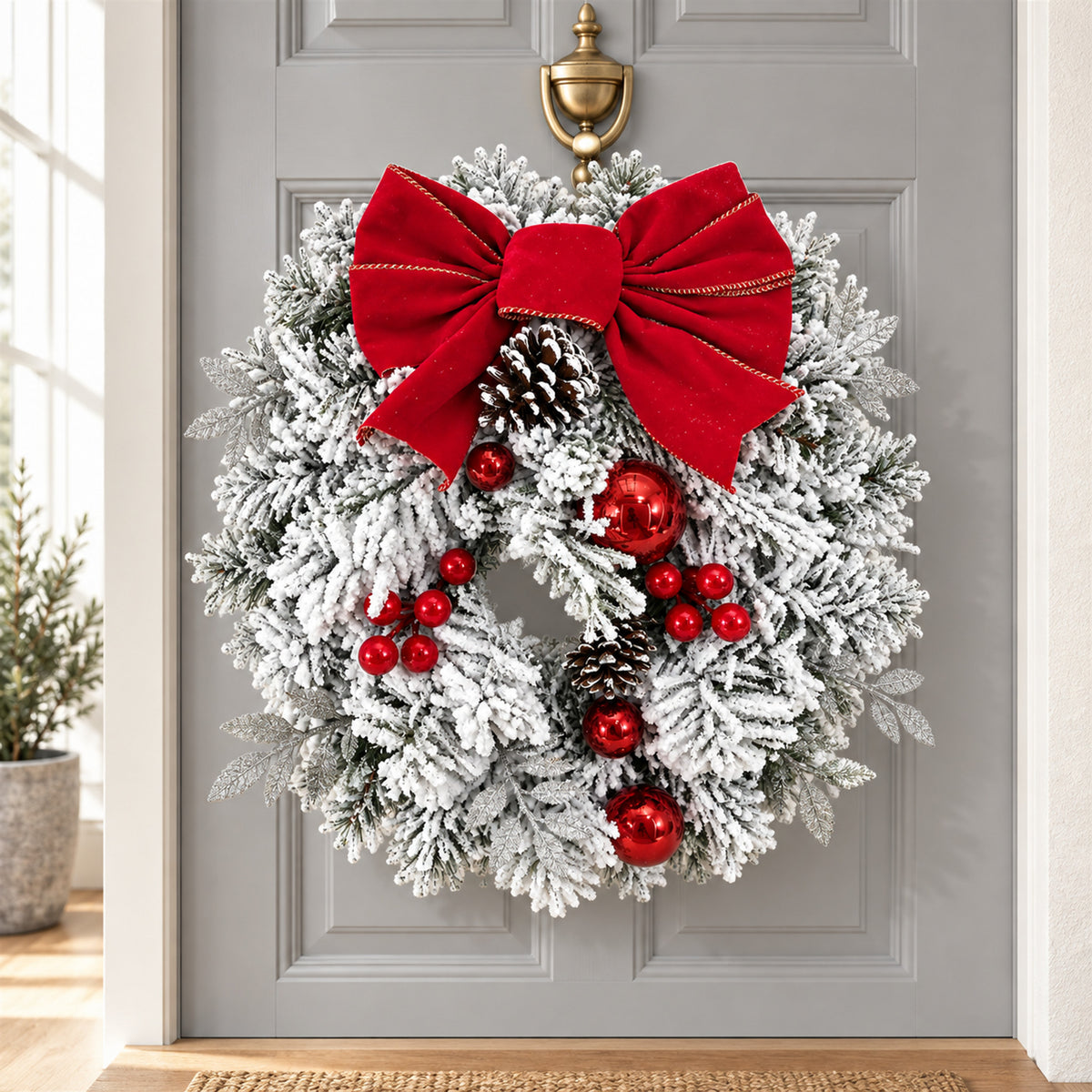 Christmas Door Wreath Set – Reusable Flocked Greenery for Front Doors - in room