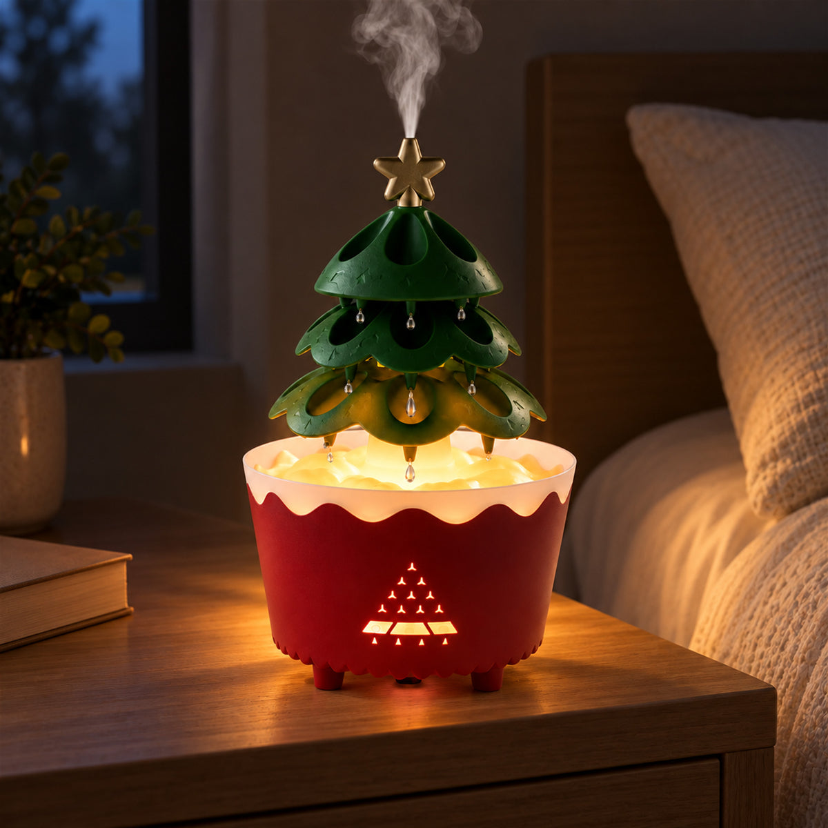 Christmas Tree Essential Oil Diffuser – Quiet Mist, Holiday Decor - in use