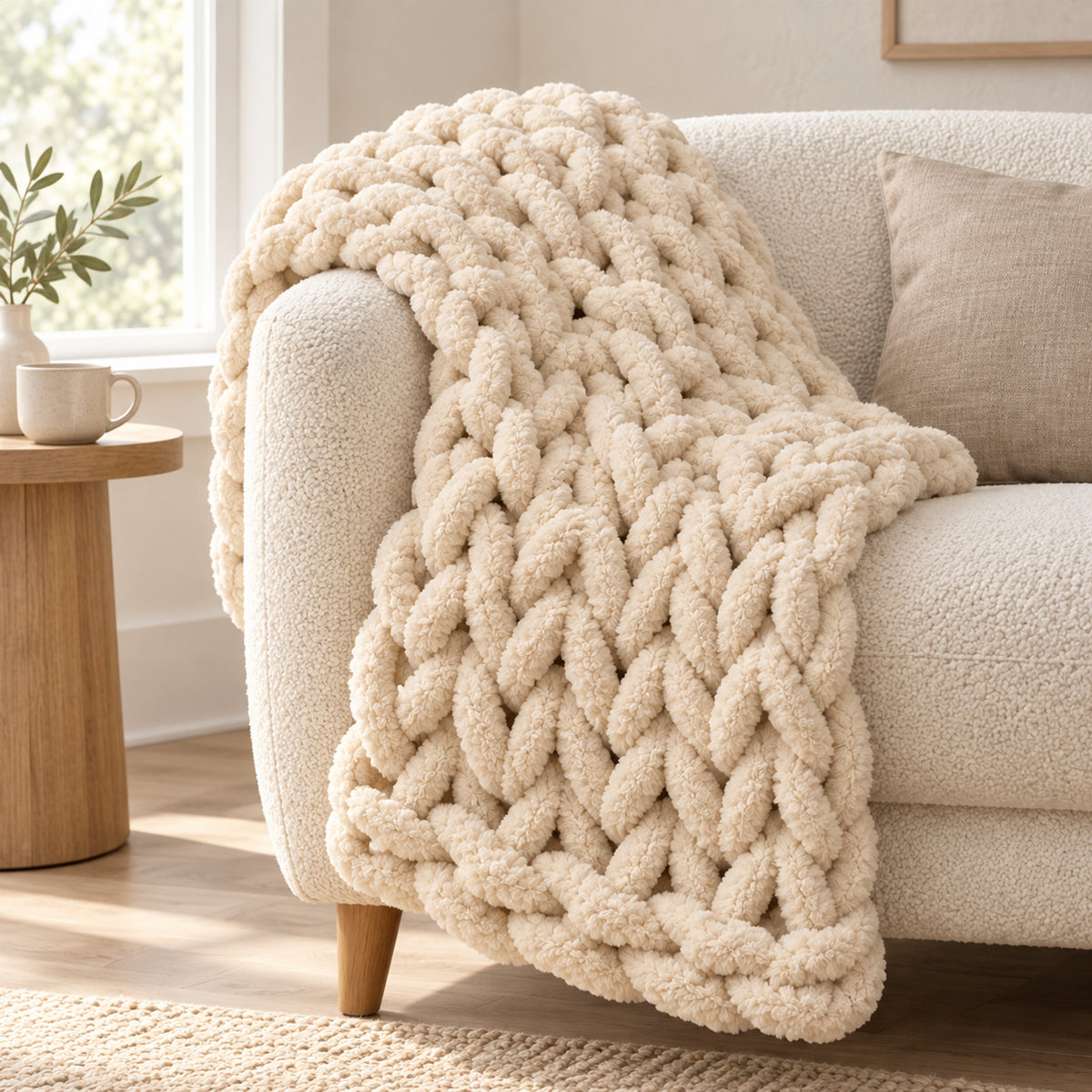 Chunky Knit Throw Blanket – 100x150cm Chenille, Sofa & Bed - in room