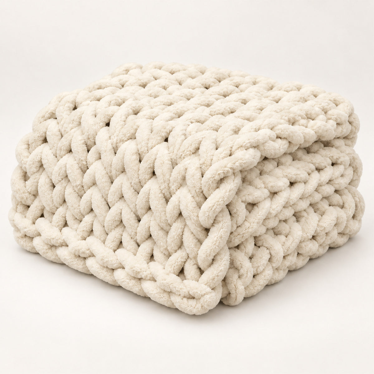 Chunky Knit Throw Blanket – 100x150cm Chenille, Sofa & Bed - Cream White