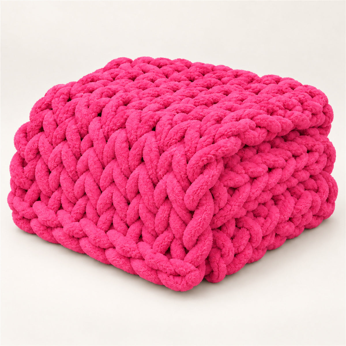 Chunky Knit Throw Blanket – 100x150cm Chenille, Sofa & Bed - Hot Pink