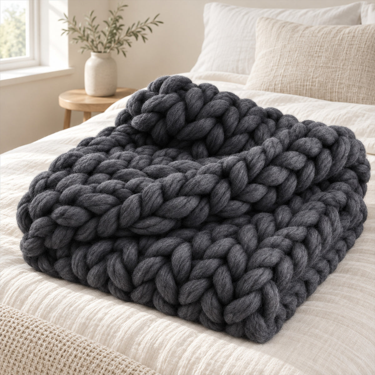 Chunky Knit Throw Blanket – Soft 100% Acrylic Yarn for Couch & Bed - in room