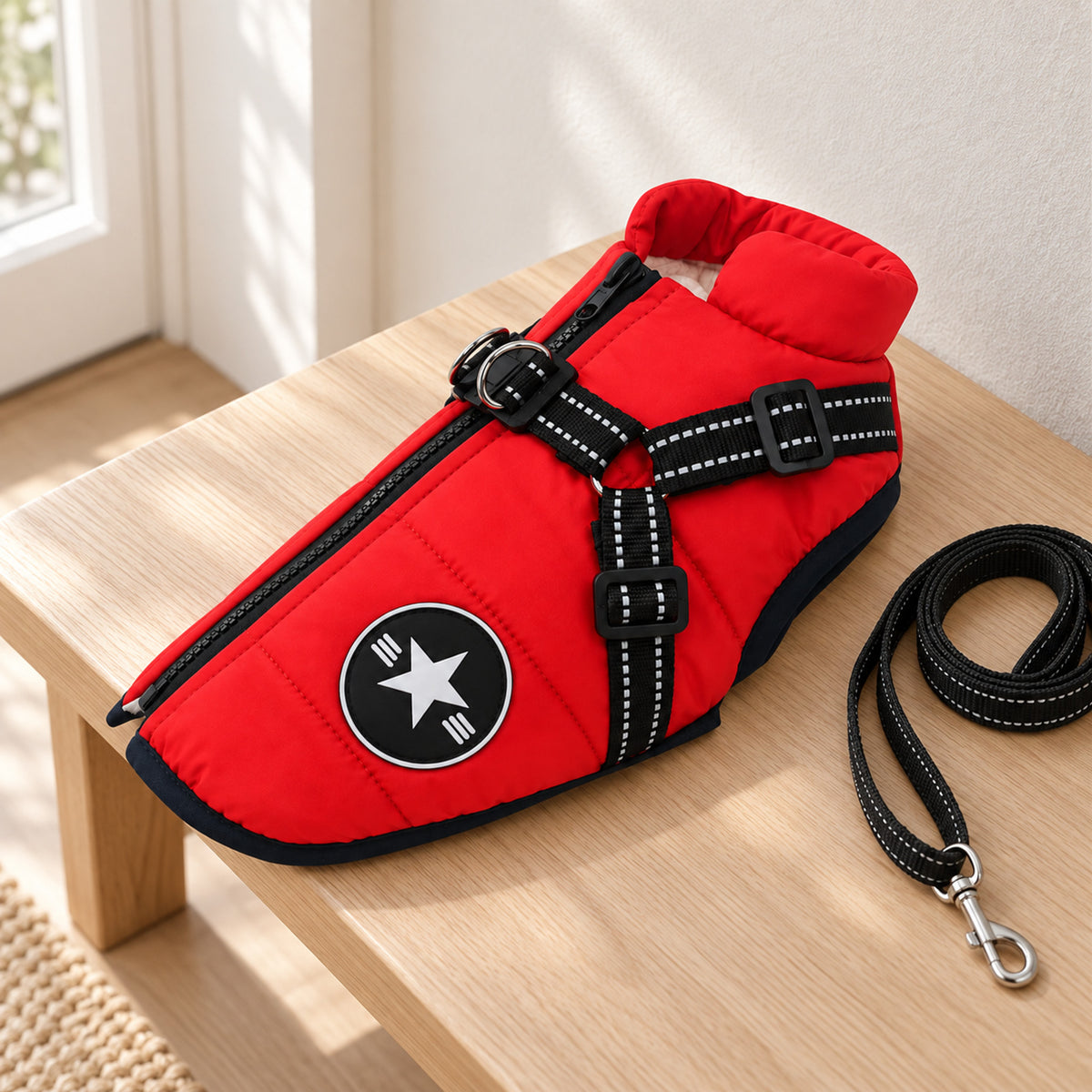 Dog Jacket with Built-In Harness – Waterproof, All Breeds S-3XL - in room