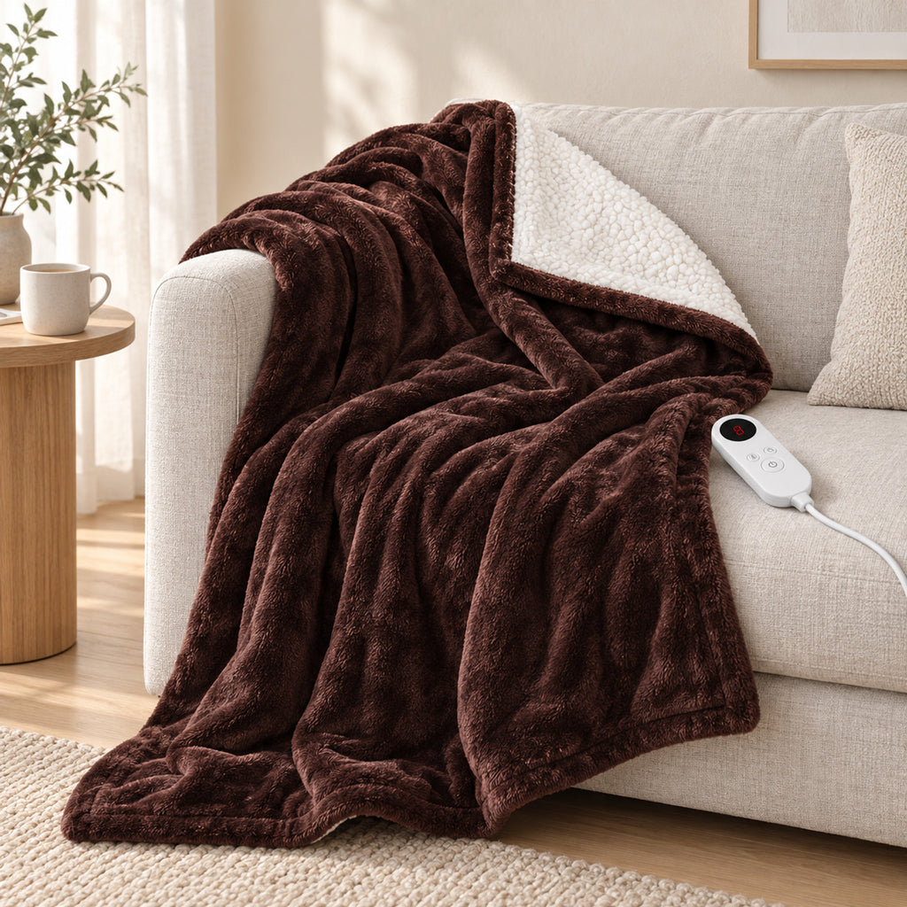 Electric Heated Flannel Blanket – 6-Setting Reversible Throw - in room