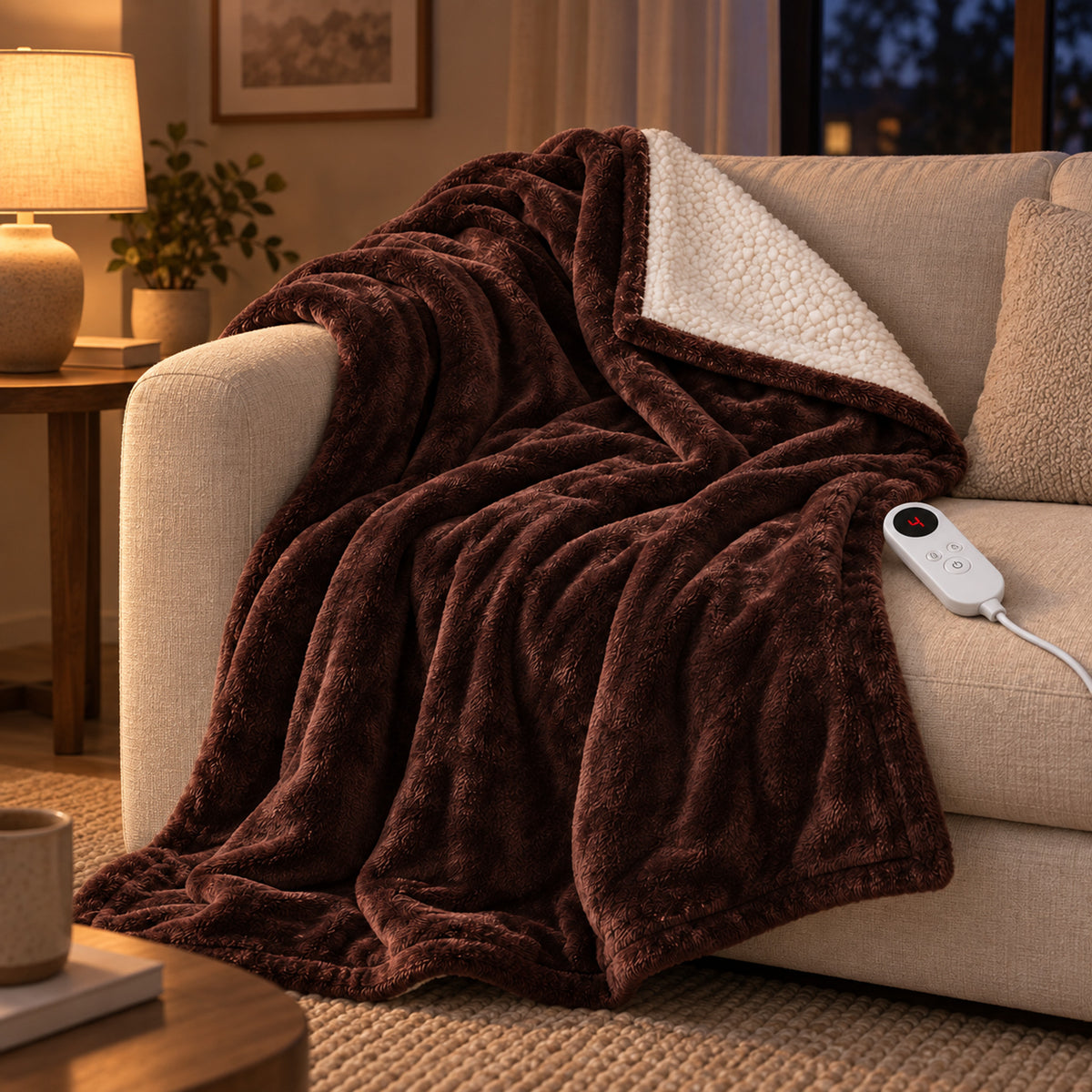Electric Heated Flannel Blanket – 6-Setting Reversible Throw - in use