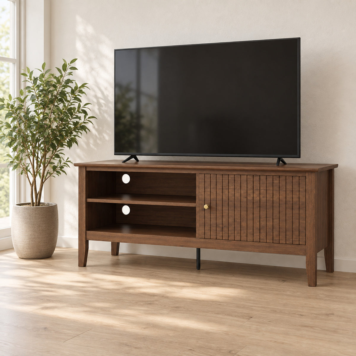 Fluted Dark Wood TV Cabinet – 120cm Media Unit, Fits TVs Up to 47-Inch - in room