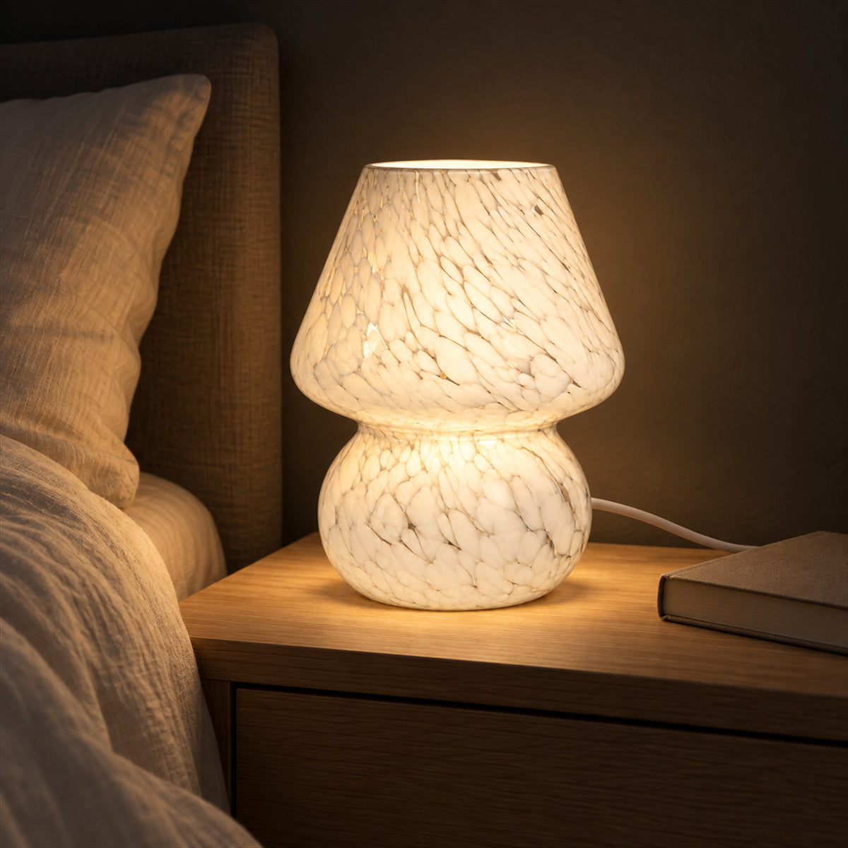 Glass Mushroom Lamp – 3 Shade Patterns, Cozy Room Accent Lighting - in use