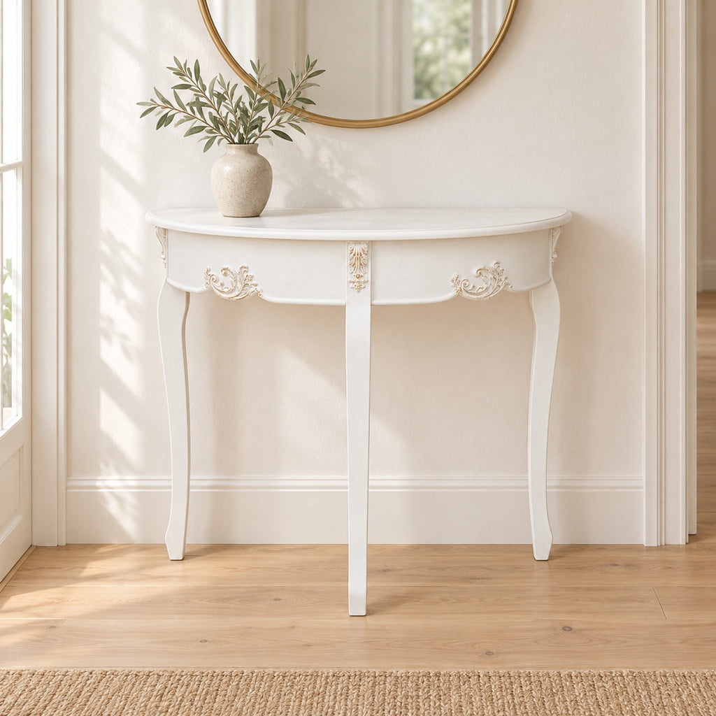 Half Moon Console Table – Antique White, French-Inspired Hallway Table - in room