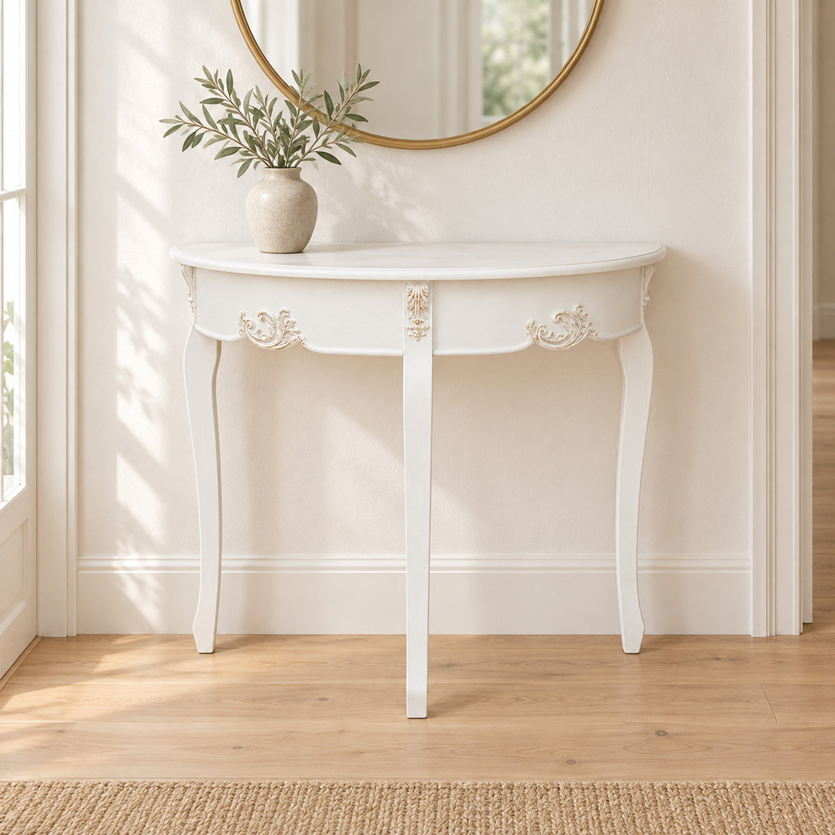 Half Moon Console Table – Antique White, French-Inspired Hallway Table - in room