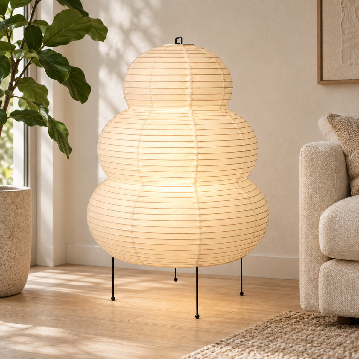 Japanese Wabi-Sabi Floor Lamp – 3-Tone Rice Paper Shade, Living Room - in room