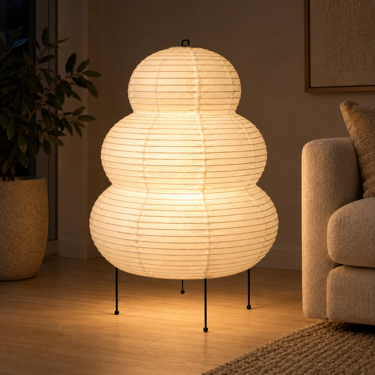 Japanese Wabi-Sabi Floor Lamp – 3-Tone Rice Paper Shade, Living Room - in use