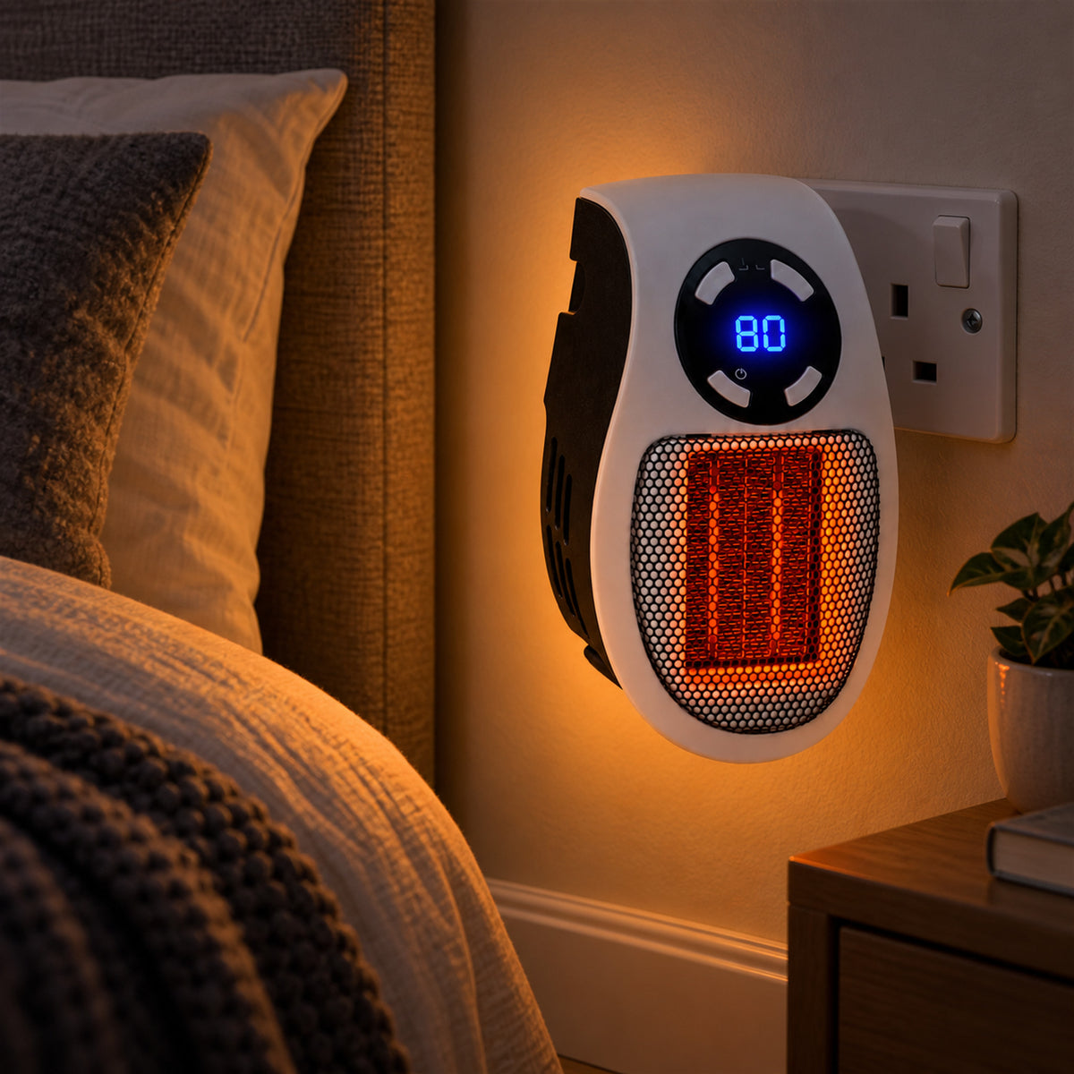 Mini Ceramic Plug-In Heater – 500W Portable Heat, Small Rooms - in use