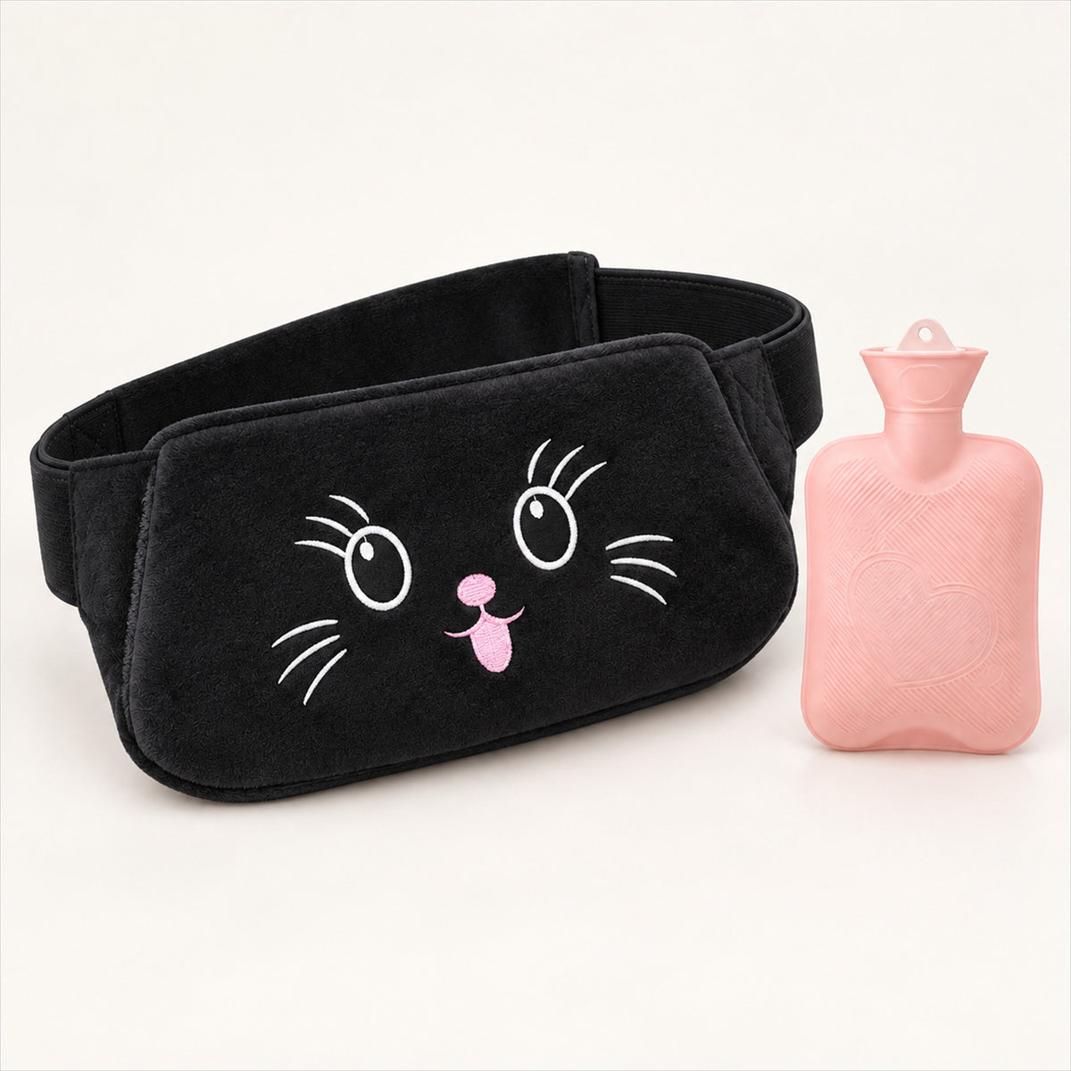Plush Hot Water Bottle Belt – 120cm Adjustable Strap, Cozy Warmth - Black Kitten