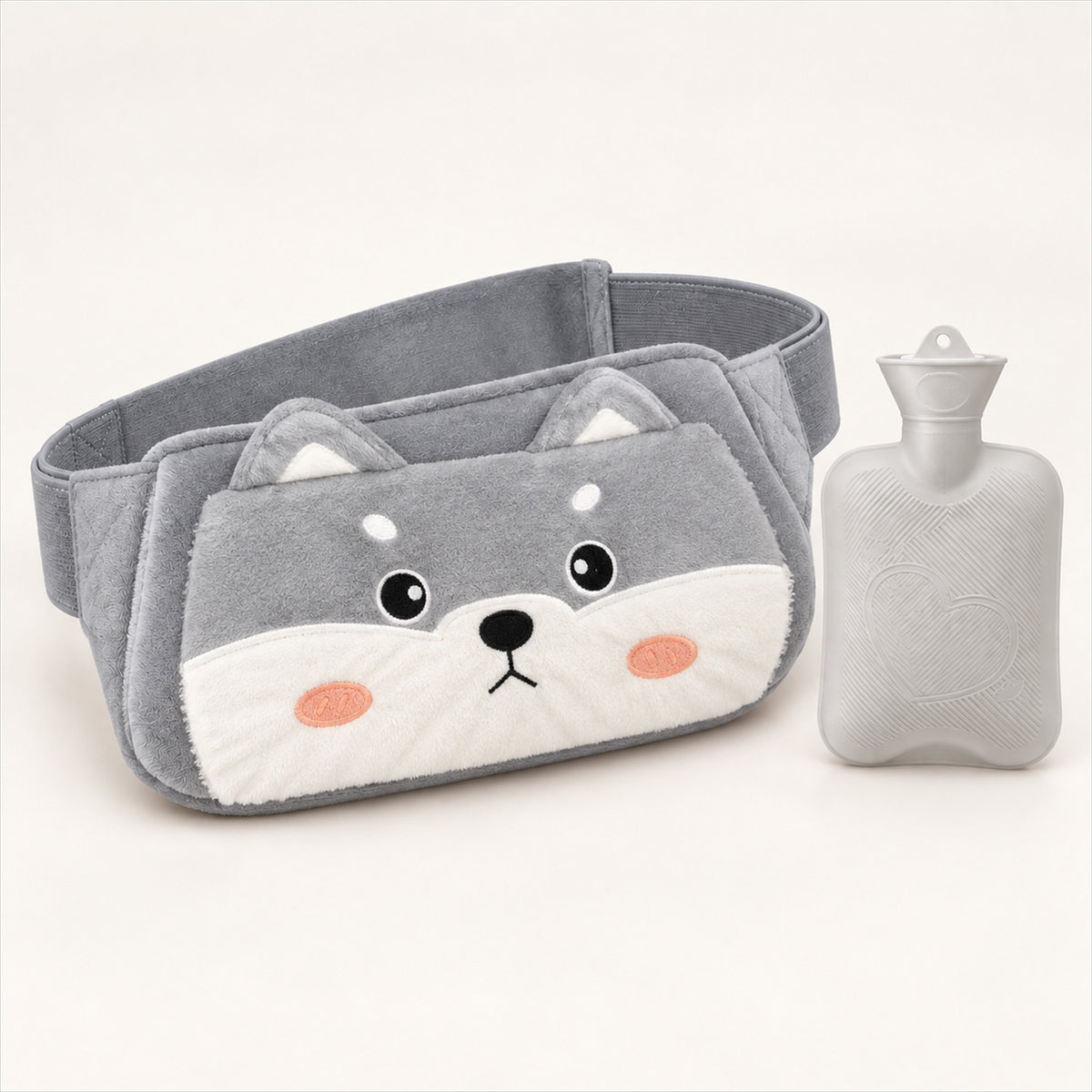 Plush Hot Water Bottle Belt – 120cm Adjustable Strap, Cozy Warmth - Gray Husky