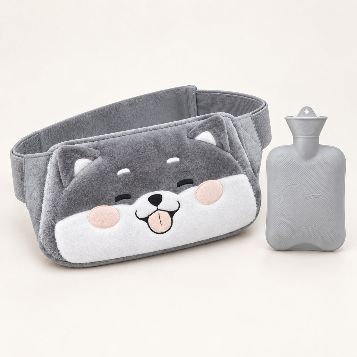 Plush Hot Water Bottle Belt – 120cm Adjustable Strap, Cozy Warmth - Gray Shiba Inu