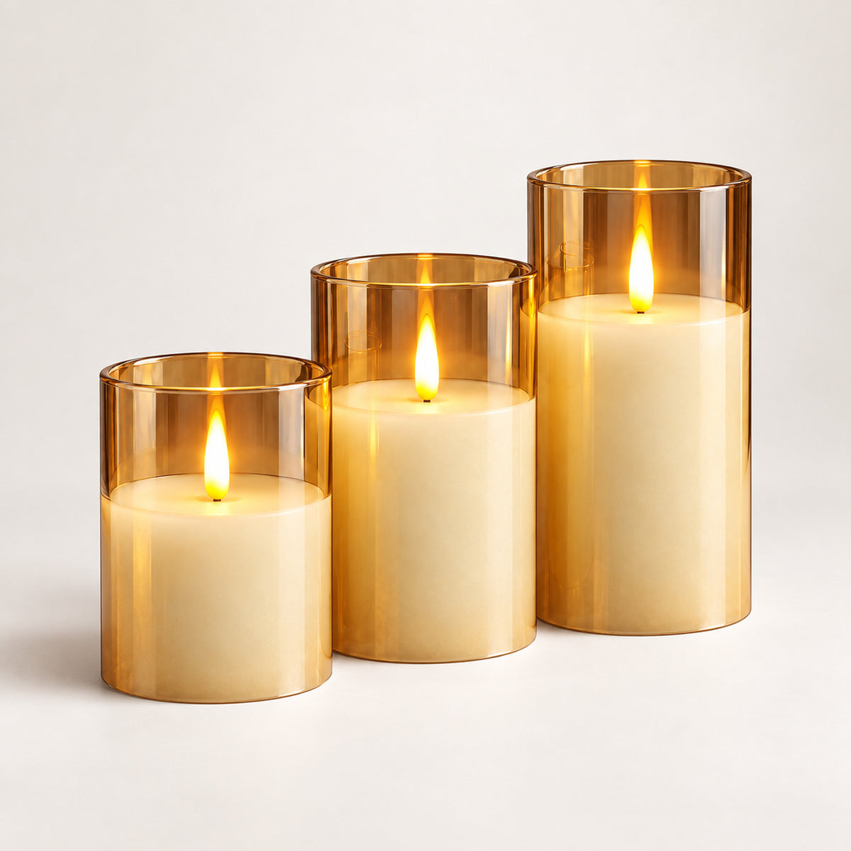 Rechargeable LED Candles Set – 3-Piece Stained Glass, No Flame - Gold