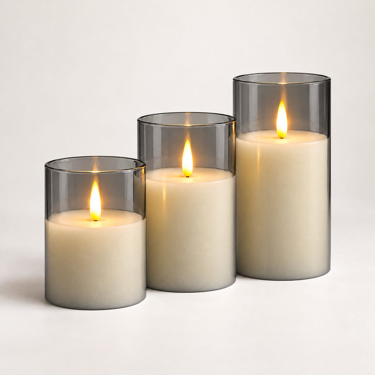 Rechargeable LED Candles Set – 3-Piece Stained Glass, No Flame - Gray