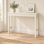 Scalloped Console Table – Ivory Wood, 93 x 81cm Entryway Piece - in room