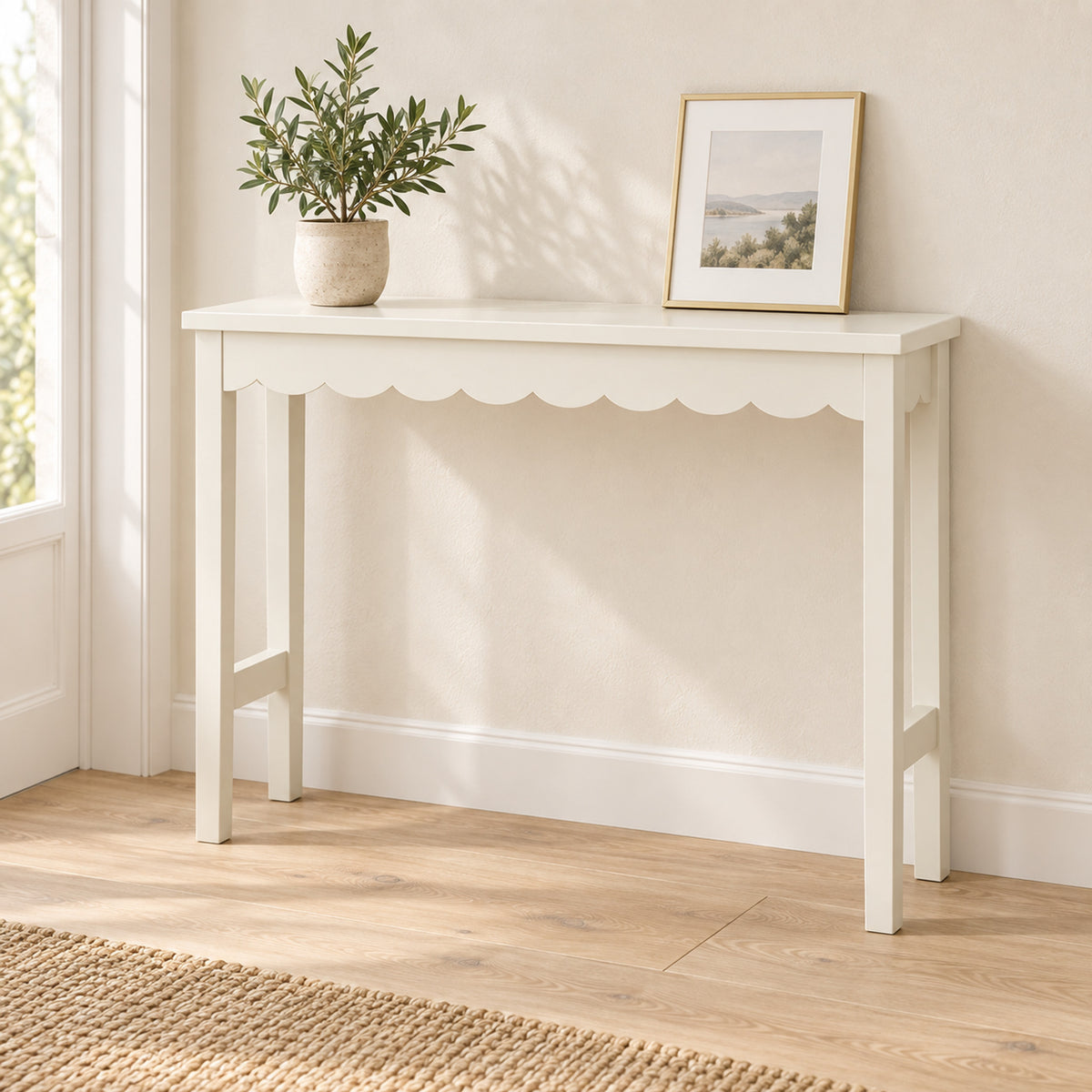 Scalloped Console Table – Ivory Wood, 93 x 81cm Entryway Piece - in room