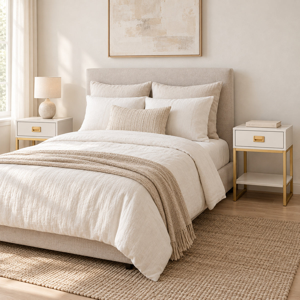 Set of 2 Bedside Tables – Gold Frame & Drawer, Bedroom Storage - in room