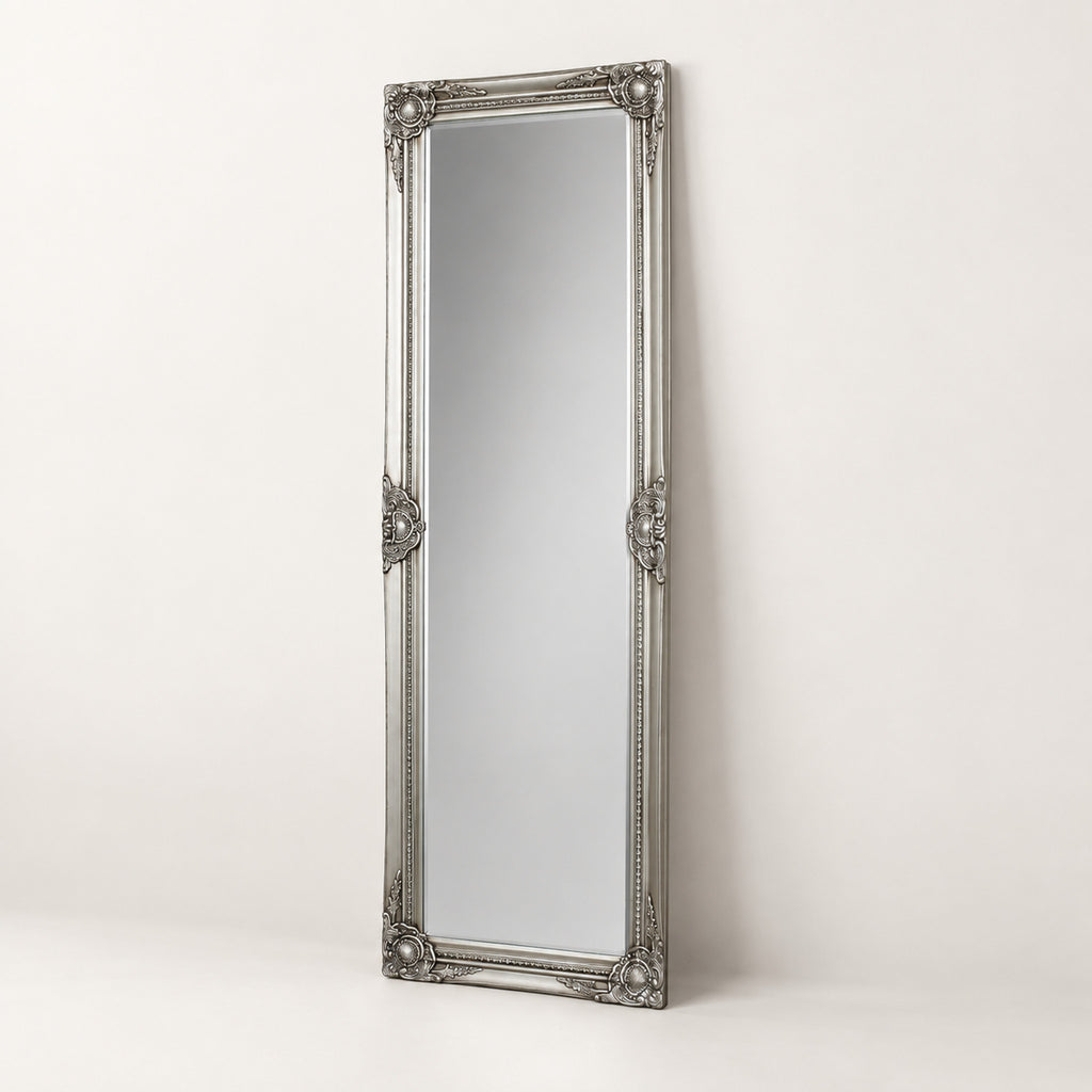 Silver Ornate Full Length Mirror – 142cm Bevelled Glass Leaner
