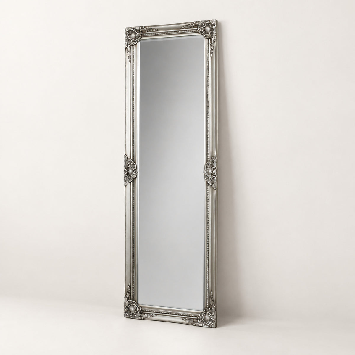 Silver Ornate Full Length Mirror – 142cm Bevelled Glass Leaner