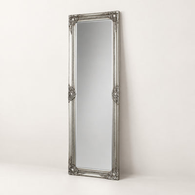 Silver Ornate Full Length Mirror – 142cm Bevelled Glass Leaner