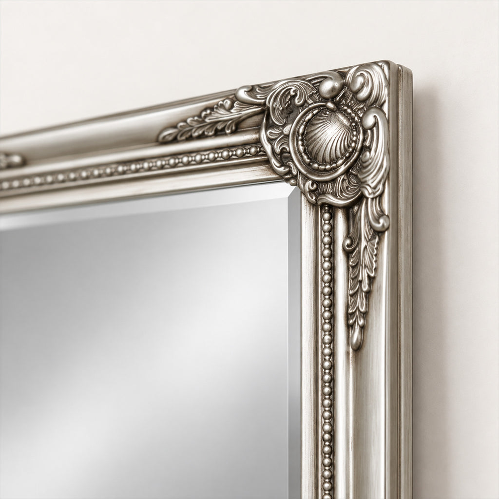 Silver Ornate Full Length Mirror – 142cm Bevelled Glass Leaner - detail