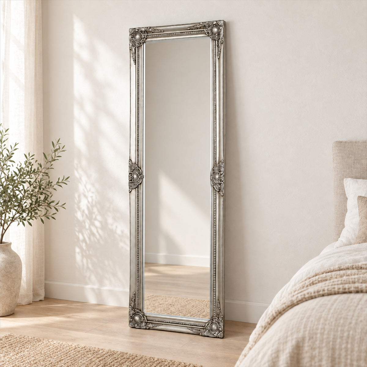 Silver Ornate Full Length Mirror – 142cm Bevelled Glass Leaner - in room