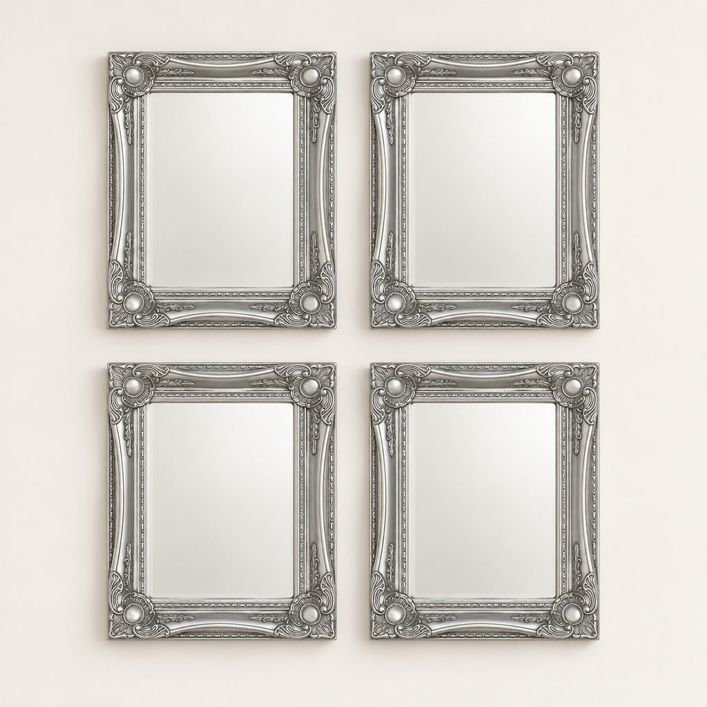 Silver Wall Mirror Set – Set of 4 Bevelled Glass, Vintage Décor