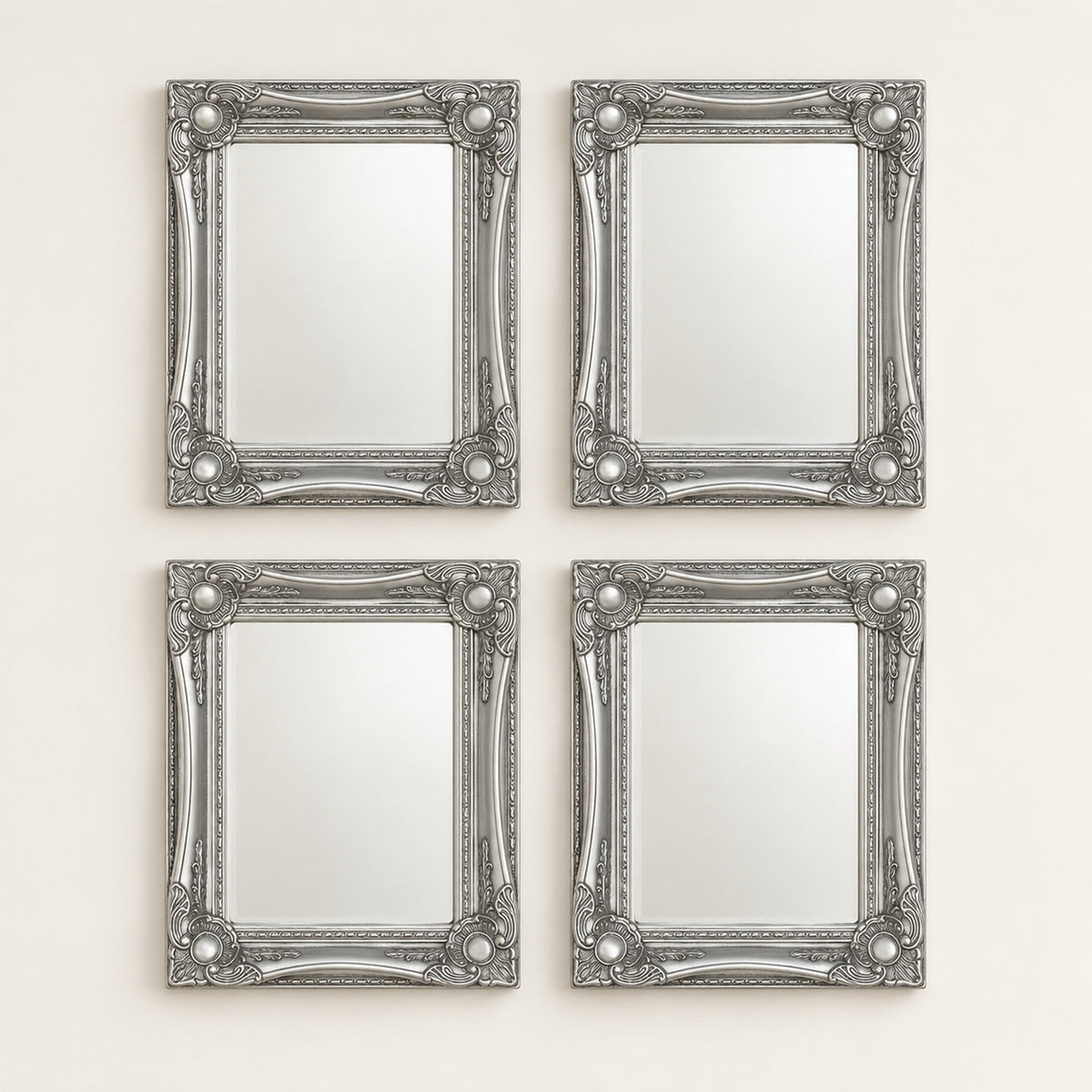 Silver Wall Mirror Set – Set of 4 Bevelled Glass, Vintage Décor