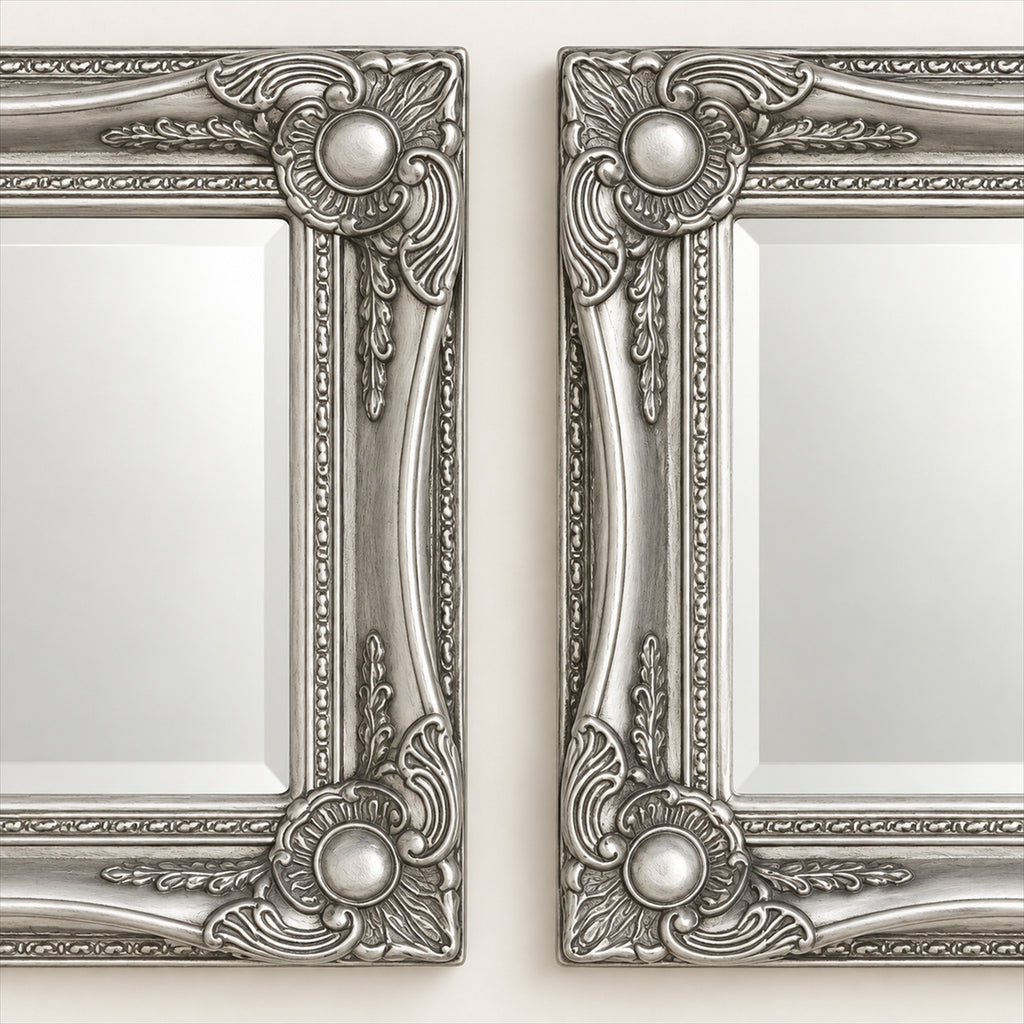 Silver Wall Mirror Set – Set of 4 Bevelled Glass, Vintage Décor - detail