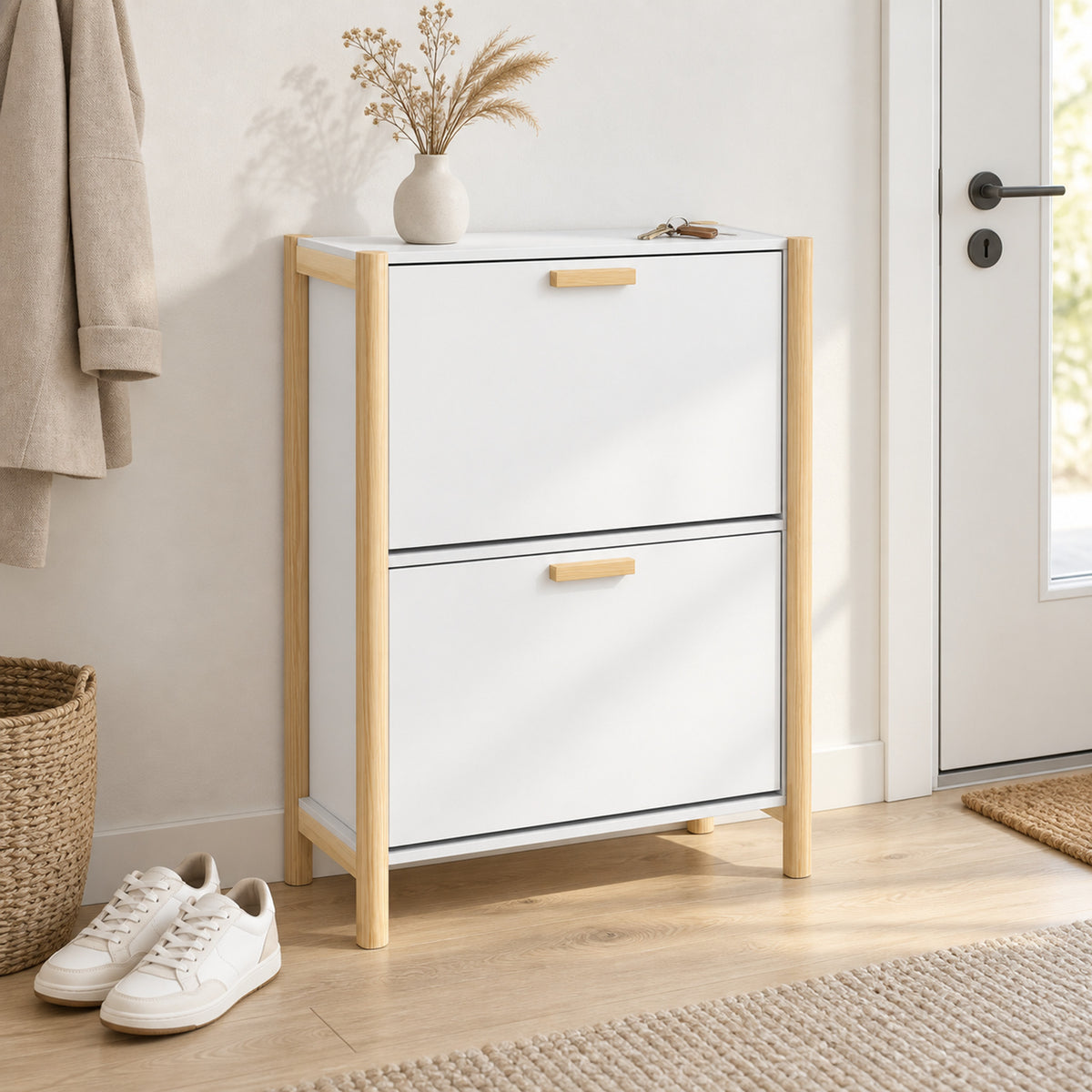Slim Shoe Cabinet with Doors, 31.5" Tall, Entryway Storage - in room
