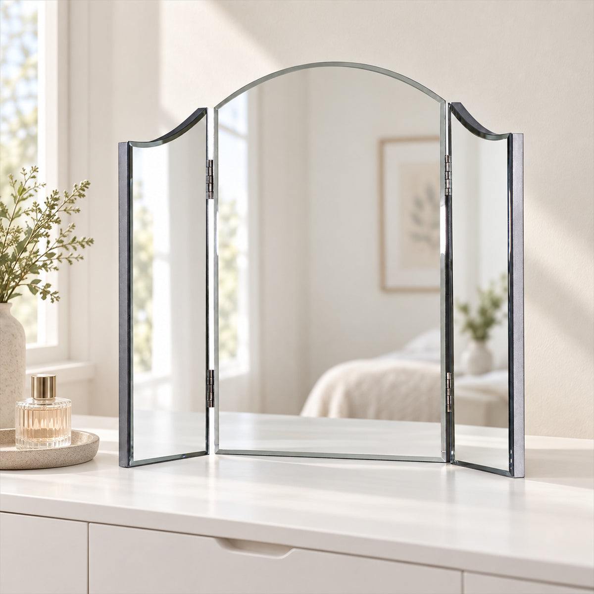 Vintage Triple Dressing Table Mirror – Frameless Design for Vanities - in room