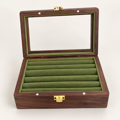 Walnut Jewelry Box Glass Lid – Velvet-Lined Rings & Earrings Storage