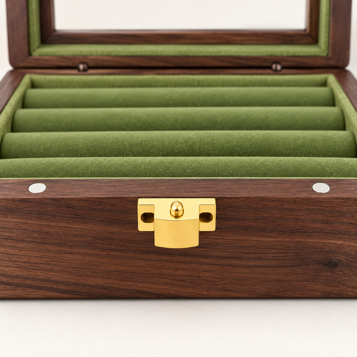 Walnut Jewelry Box Glass Lid – Velvet-Lined Rings & Earrings Storage - detail
