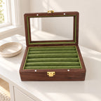 Walnut Jewelry Box Glass Lid – Velvet-Lined Rings & Earrings Storage - in room