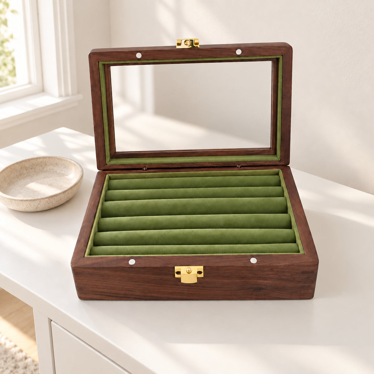 Walnut Jewelry Box Glass Lid – Velvet-Lined Rings & Earrings Storage - in room