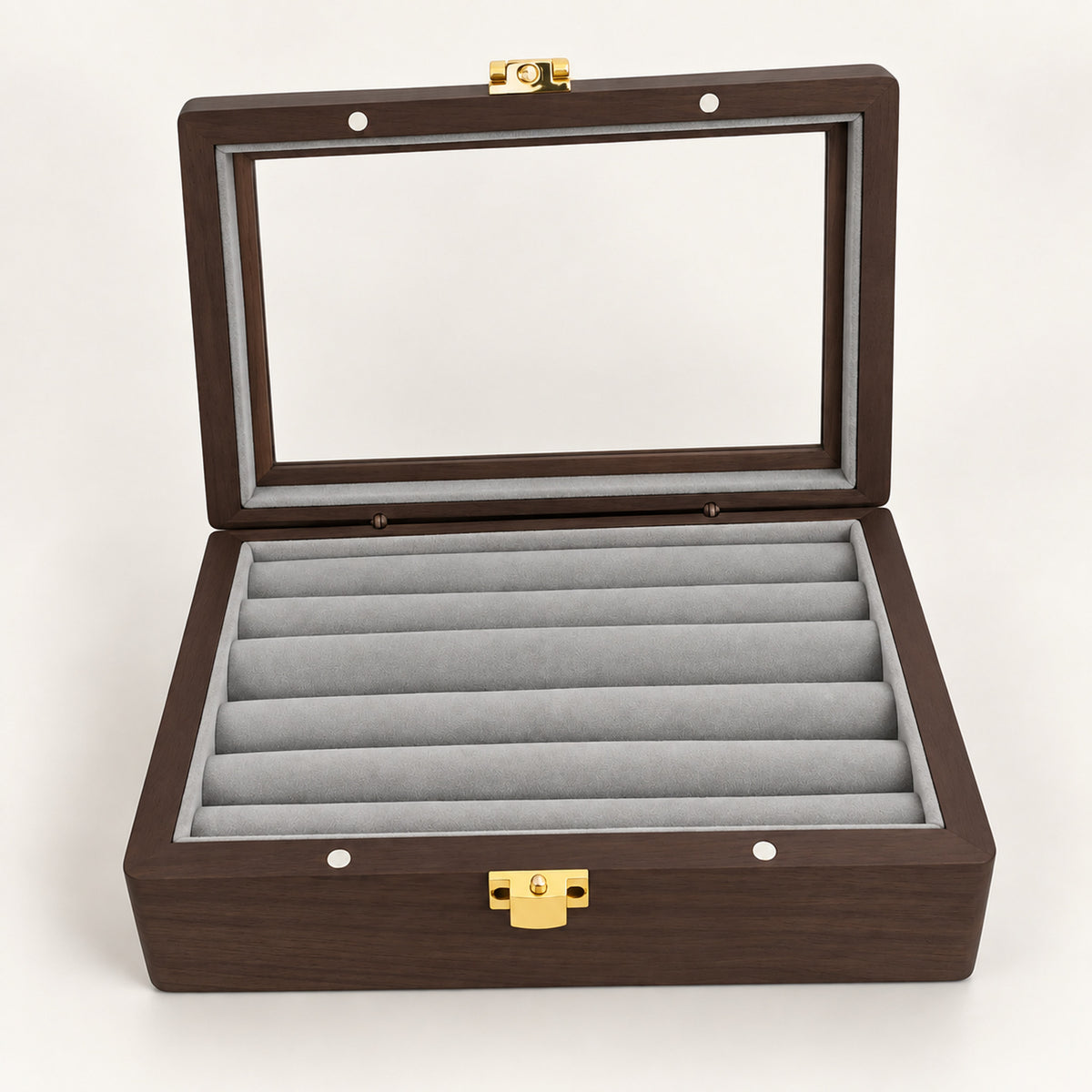Walnut Jewelry Box Glass Lid – Velvet-Lined Rings & Earrings Storage - Gray